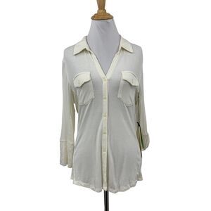 Iris Top Womens L Large Ivory Button Through Roll Tab Sleeve Collared Curved Hem